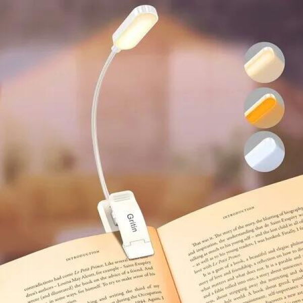 9 LED Rechargeable Book Light for Reading in Bed, Eye Caring 3 Color Temperatures for Book Lovers, White