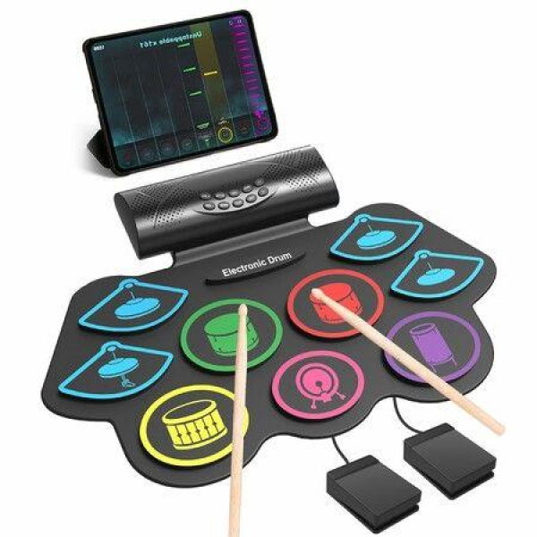 9 Pads Electronic Drum Set USB POWERED Roll-Up Drum Practice Pad Drum Kit With Headphone Jack Built-in Speaker Drum Pedals Drum Sticks Colorful