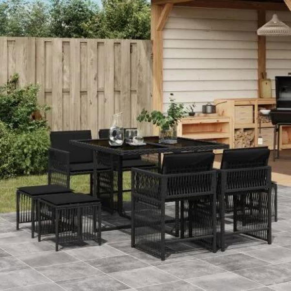 9 Piece Garden Dining Set with Cushions Black Poly Rattan