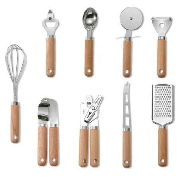 9 Piece Kitchen Gadget Set Stainless Steel Wooden Handle Egg Beater Pizza Tool Cheese Knife Baking Set