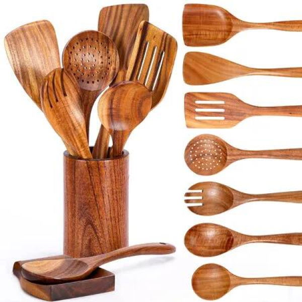 9 Piece Natural Teak Wooden Kitchen Utensil Set with Spoon Rest - Comfort Grip Cooking Spoons and Utensils Holder