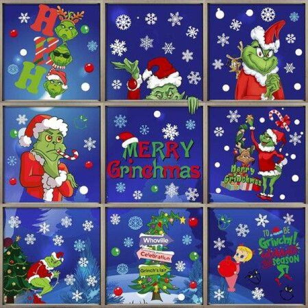 9 Sheets Grinch Christmas Decorations Window Clings, 102pcs Christmas Window Stickers for Home School