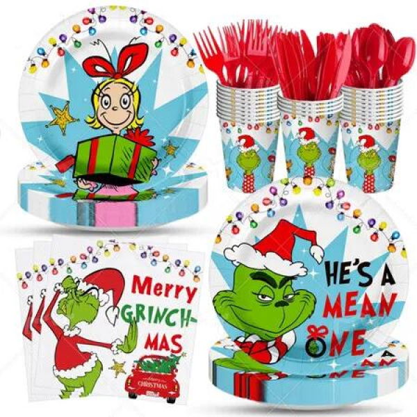 90 Piece Grinch Party Paper Plates Set Ideal For Christmas Parties And Festive Events