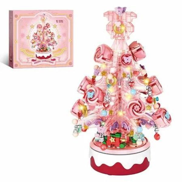 900 Pieces Green Christmas Tree Building Set,Music Box with LED Lights,Rotating Xmas Ornaments-Pink