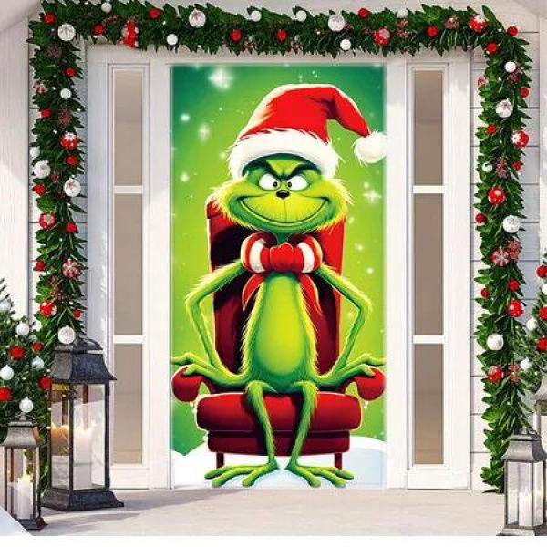 90x200cm Grinch Christmas Decorations Grinch Door Cover Merry Grinchmas Door Cover Banner Christmas Xmas Holiday