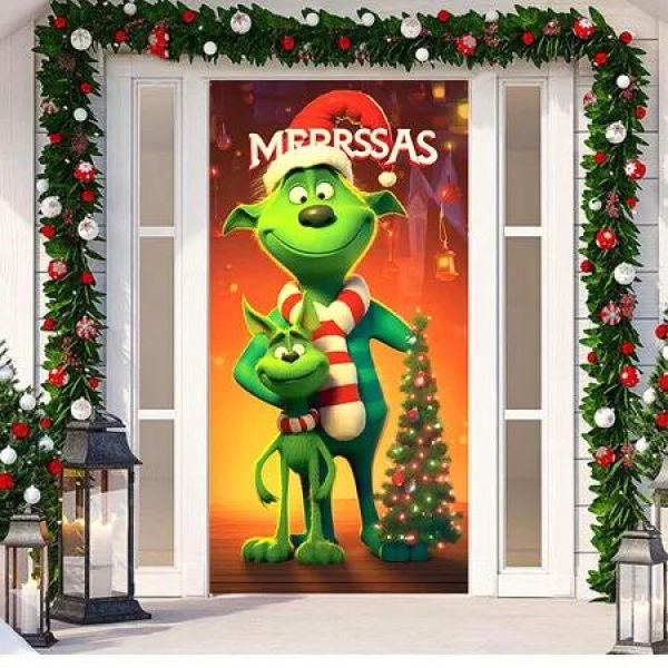 90x200cm Grinch Christmas Decorations Grinch Door Cover Merry Grinchmas Door Cover Banner Christmas Xmas Holiday