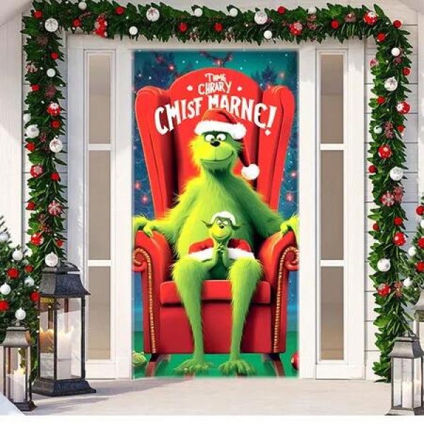 90x200cm Grinch Christmas Decorations Grinch Door Cover Merry Grinchmas Door Cover Banner Christmas Xmas Holiday