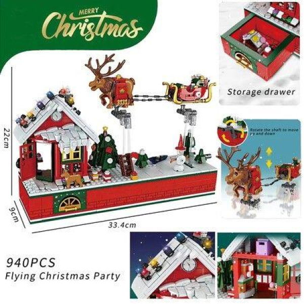 940pcs Creative Christmas Santa Claus Flying Party Sets Model Building Blocks Diy Bricks Kids Gift Toys