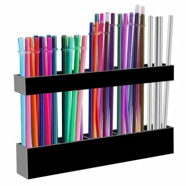 9.5in Large Acrylic Straw Holder for Cabinet Door Reusable Tumbler Straw Organizer Storage,Small Kitchen Container,Sticky Cupboard Door Mounted (Black)