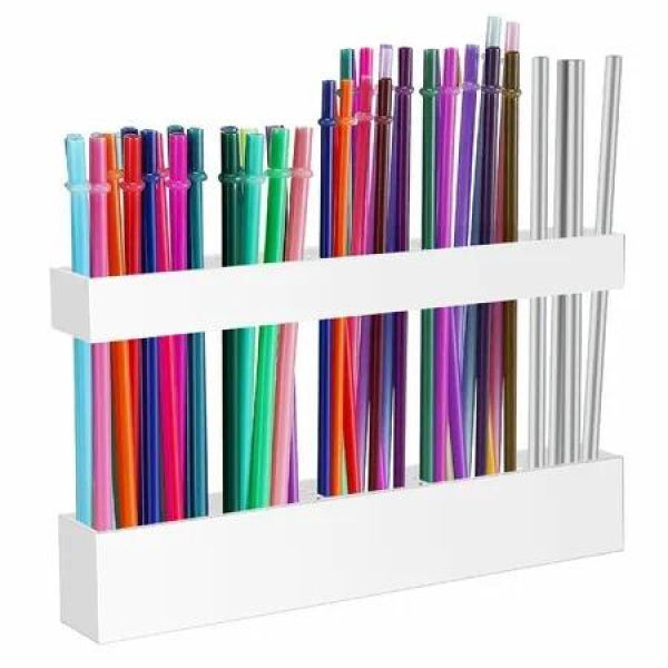 9.5in Large Acrylic Straw Holder for Cabinet Door Reusable Tumbler Straw Organizer Storage,Small Kitchen Container,Sticky Cupboard Door Mounted (White)