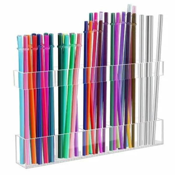 9.5in Large Acrylic Straw Holder for Cabinet Reusable Tumbler Straw Organizer Storage,Small Kitchen Container,Sticky Cupboard Door Mounted(Transparent)
