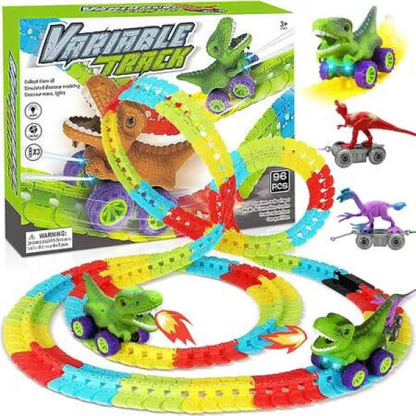 96 Pcs Dino Train Set, Anti Gravity Dino Train Toys, Electric Climbing Dino Car Race Tracks with Sound and Lights, Boys Girls Birthday Christmas Gift