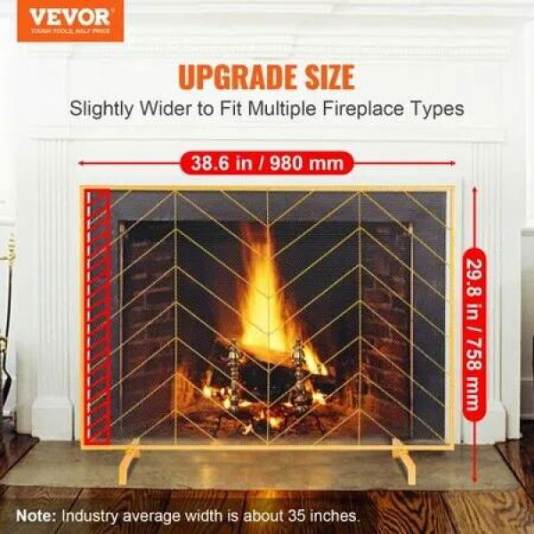 980x758MM Fireplace Screen 1-Panel Iron Mesh Spark Guard Modern Gold