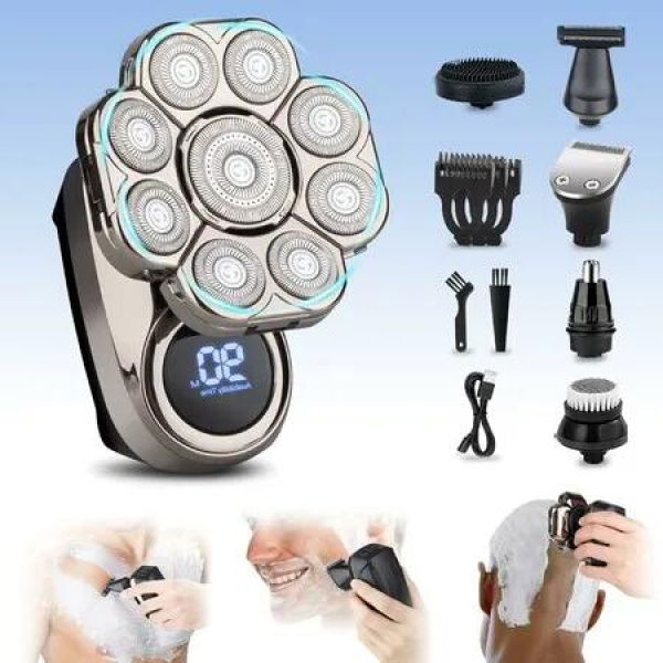 9D Electric Wet/Dry Head Shaver Razor for Bald Men: Cordless Rechargeable Upgraded 6-in-1 Grooming Kit