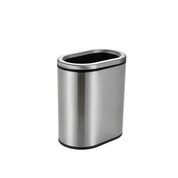 9L Oval Narrow Rubbish Bin Silver Brushed Stainless Steel Open Lid Trash Can for Kitchen, Office and Home