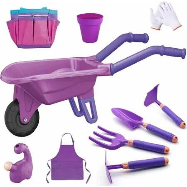 9pcs Kids Gardening Tool Set,Garden Outdoor Toys Kids Wheelbarrow Watering Can Gloves Hand Rake Shovel Trowel Double Hoe Apron,Purple
