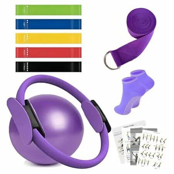 9Pcs Pilates Circle Rings Training Set Yoga Fitness Kit with Pilates Ring Grip Socks Resistance Bands for Home Gym Workouts Equipment Color Purple