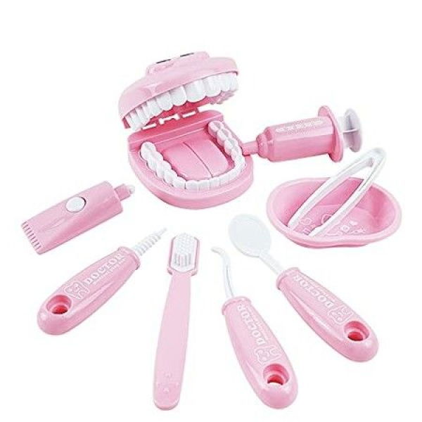 9PCS Plastic Simulation Dentist Play Set Medical Kit Pretend Toy For Kids Role Play Game Col Pink