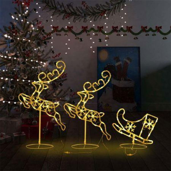 Acrylic Christmas Flying Reindeer & Sleigh 260x21x87cm Warm White