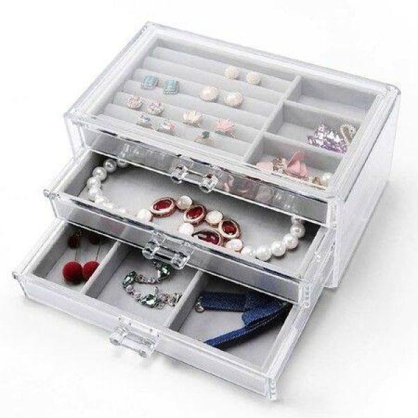 Acrylic Jewelry Box Clear Jewelry Organizer With 3 Drawers Velvet Display Holder For Earrings Ring Bracelet Necklace Gift For Women Grey