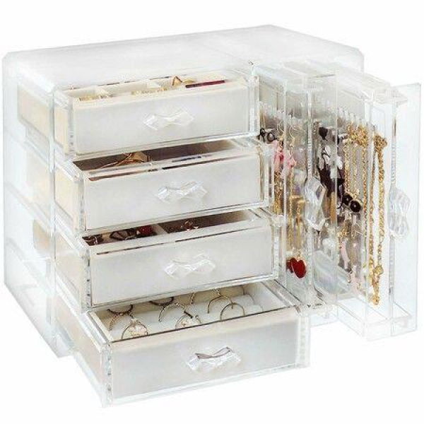 Acrylic Jewelry Organizer Box Earring Holder Jewelry Hanging Boxes With 4 Velvet Drawers Display Case Gift For Women Girls