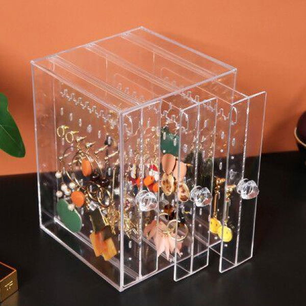 Acrylic Jewelry Storage Box Earring Display Stand Organizer Holder With 3 Vertical Drawers (Transparent)