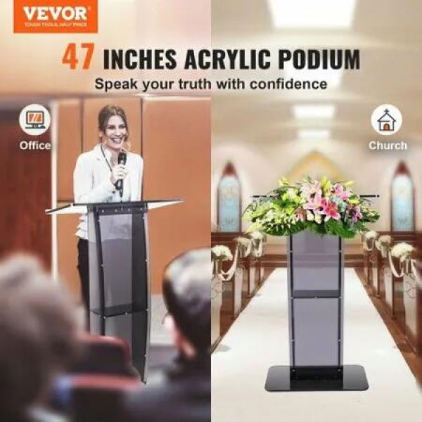 Acrylic Podium, 47' Tall, Acrylic Podium Stand with Wide Reading Surface & Storage Shelf, Floor-standing Clear Pulpits Acrylic for Church Office School, Black