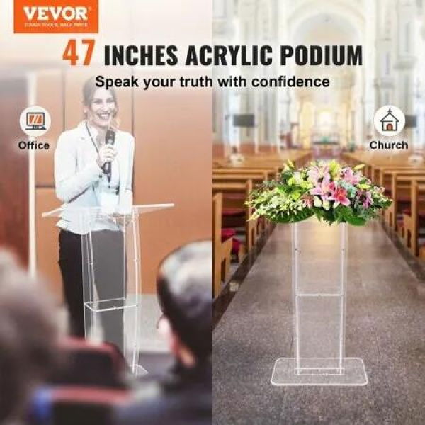 Acrylic Podium, 47' Tall, Clear Acrylic Podium Stand with Wide Reading Surface & Storage Shelf, Floor-standing Clear Pulpits Acrylic for Church Office School