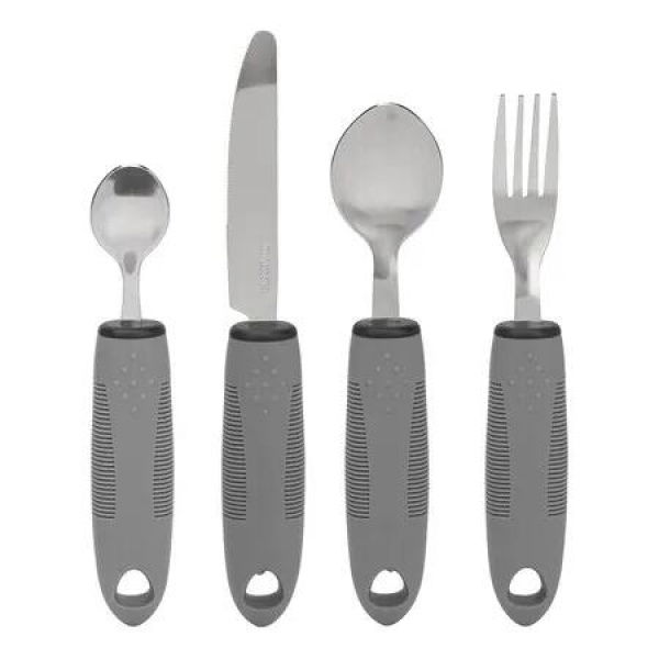 Adaptive Utensil Set 4Pcs Non Shaking Weighted Tableware Non Slip Rubber Handle Eating Utensils Hand Tremors Elderly Stainless Steel Grey
