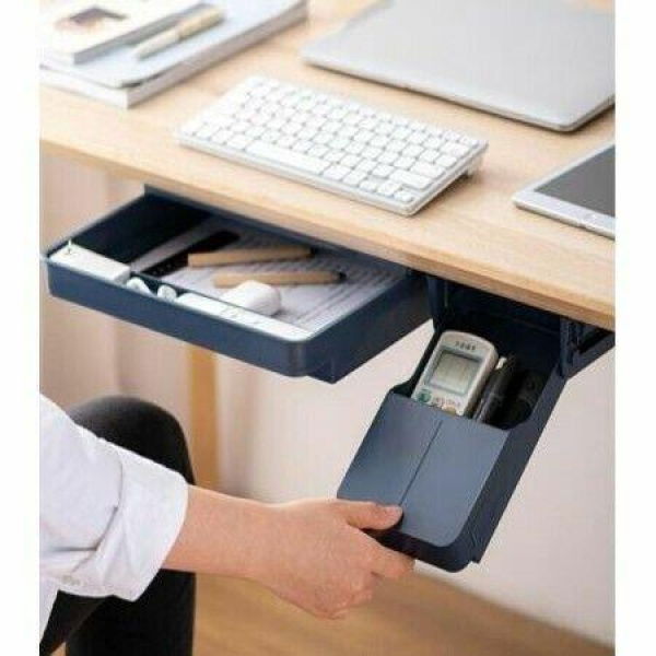 Adhesive Storage Box For Desk Drawer For Office Pen Holder Hidden Sorting Box Kitchen Knife Fork Storage Tray OrganizerBlueL