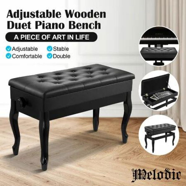 Adjustable Duet Piano Stool Bench Chair Ergonomic Modern Keyboard Double Seat Black with Storage PU Leather Cushion