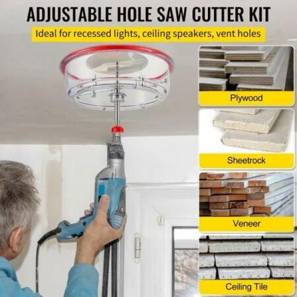 Adjustable Hole Saw Cutter Kit, 1-5/8' to 11-13 /16' (40-300 mm), Recessed Hole Saw with PC Dust Shield, Two Replaceable Pilot Drill Bits, for Recessed Lights, Ceiling Speakers, Vent Holes