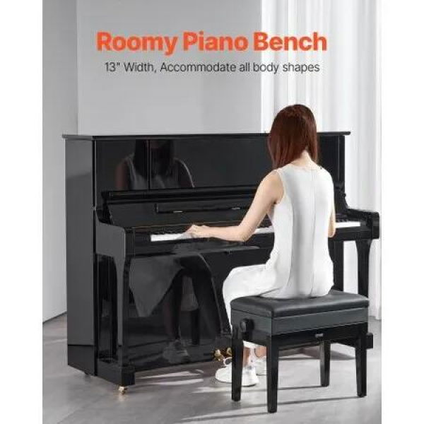 Adjustable Piano Keyboard Bench Storage Padded Seat Wooden Bookcase Stool