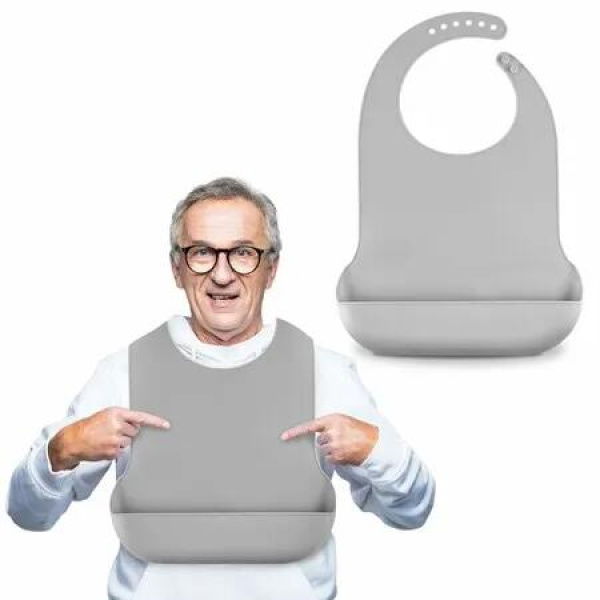 Adjustable Silicone Bib,Washable Bib for Men & Women,Waterproof Bib for Elderly with Crumb Catcher (Grey)