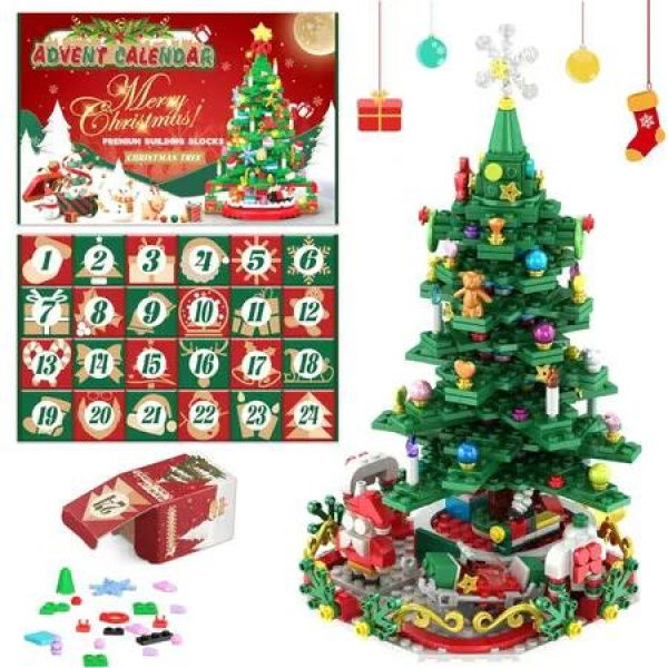 Advent Calendar 2024 Christmas Tree Building Set with LED Light, 24 Boxes 701 Pieces Christmas Countdown Calendar Building Blocks, 24 Day Surprise Advent Calendar Gifts for Adults Teens Kids