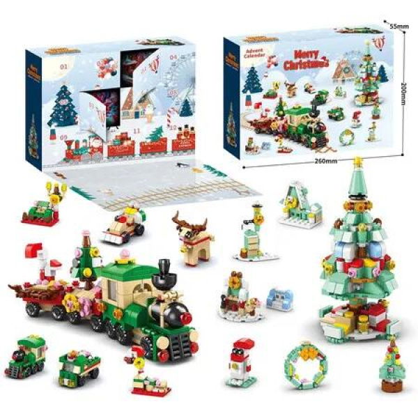 Advent Calendar 2024 Xmas Building Blocks Kit, Christmas Tree Train 12 Boxes 544 Pcs, 12 Days Christmas Countdown Surprise Gifts for Boys Girls