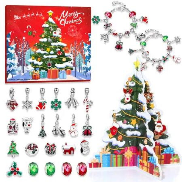 Advent Calendar 2025, 24 Days Christmas Countdown Calendar with 22Pcs DIY Charm Beads and 2 Bracelets,3D Xmas Tree, Xmas Gift for Girls Boys