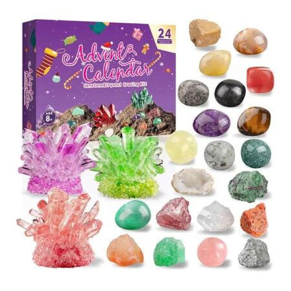 Advent Calendar 2025, 24 Days Christmas Countdown Calendars with Crystal Growing Kit, Healing Crystals Gemstones Minerals Fossils