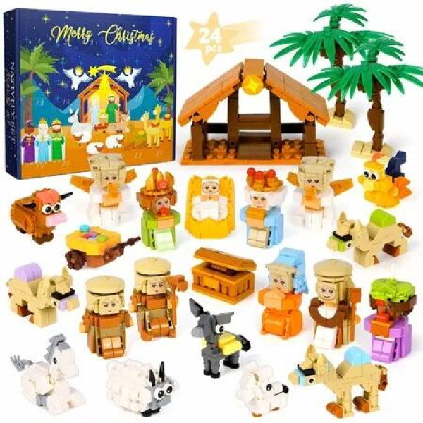 Advent Calendar 2025 Building Blocks 24 Days Christmas Countdown Set with Nativity Scene Figures, Holiday Building Toy Kit for Boys,Girls Ages 6+