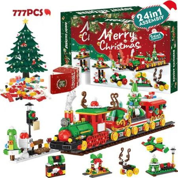 Advent Calendar 2025 Christmas Train Building Blocks Set, 24 Boxes Christmas Countdown, 777 Piece Surprise Toy Kit for Boys Girls Teens Men Women