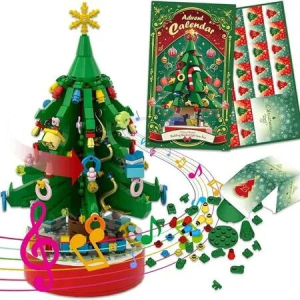 Advent Calendar 2025 Christmas Tree Building Blocks Kit with LED Light Music Box,24 Days Christmas Countdown Calendar Building Block for Boys Girls