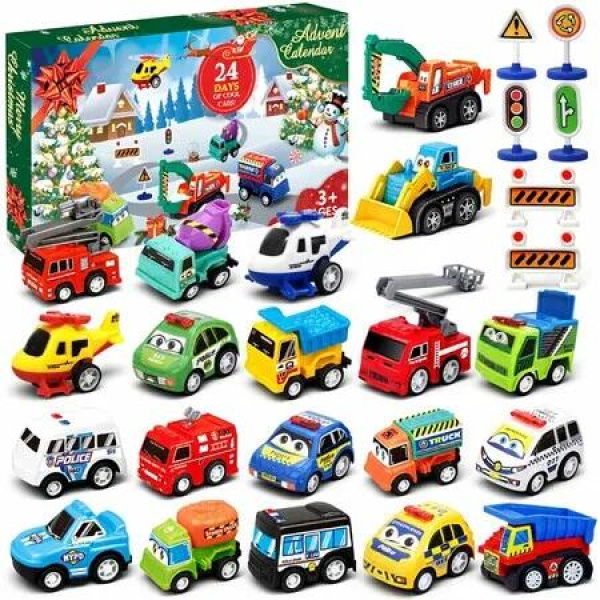 Advent Calendar 24 Days Christmas Countdown with Pull-Back Cars Traffic Sign Sets,Christmas Advent Calendar Vehicles Holiday Gifts Boys Girls