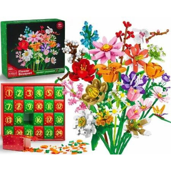 Advent Calendar 24 Days Flower Bouquet Building Block Christmas Countdown Calendar,Artificial Wildflower Botanical Collection