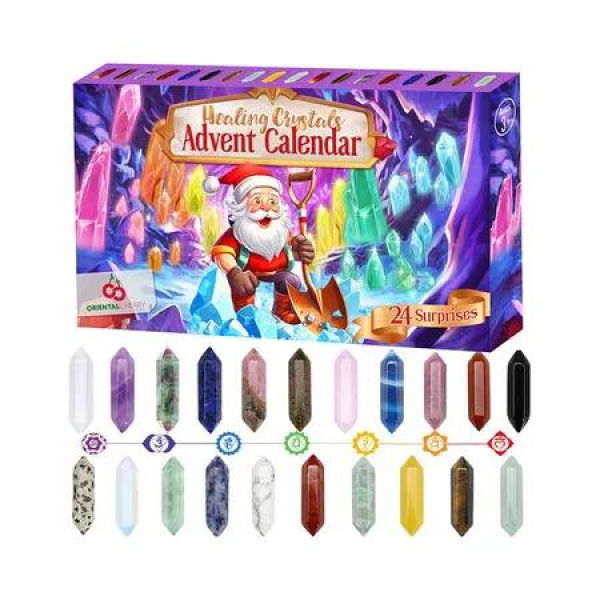 Advent Calendar, 24 Days of Crystals and Healing Stones Kit with Crystal Necklace Holder, Magnifier, and Storage Bag, Christmas Countdown Gifts for Girls Boys Kids Adults and Teenagers