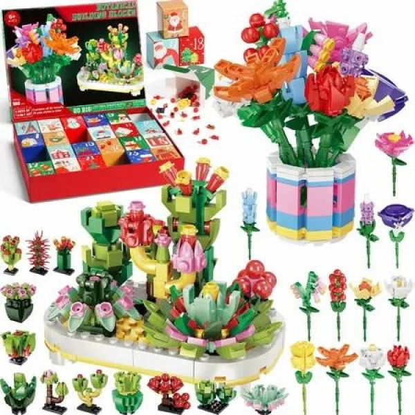 Advent Calendar 24 Days STEM Botanical Building Blocks Christmas Countdown Calendar Gifts Box with 12-in-1 Succulent Flowers Bricks Toy Sets