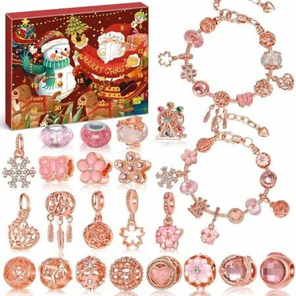 Advent Calendar Bracelet 24 Days Christmas Countdown Charm Bracelet Advent Calendar 2025 Rose Gold Alloy Christmas for Girls