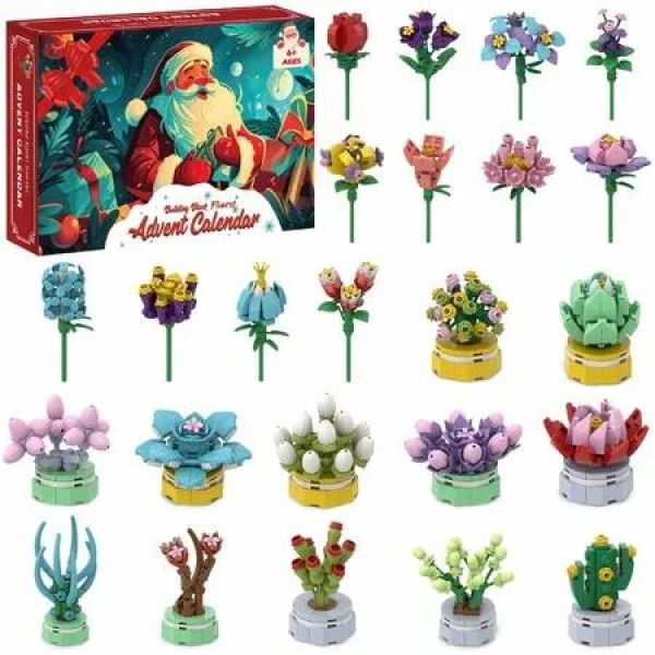 Advent Calendar Building Block Flowers -24 Days of Christmas Countdown Building Blocks, 24 Kinds of Flowers, Unique Fun Advent Calendar