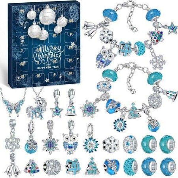 Advent Calendar Charm Bracelets 2025 for Girls, 24 Days Christmas Countdown Calendar DIY Bracelets Jewelry Making Kit with Blue Charm Beads Xmas Gift