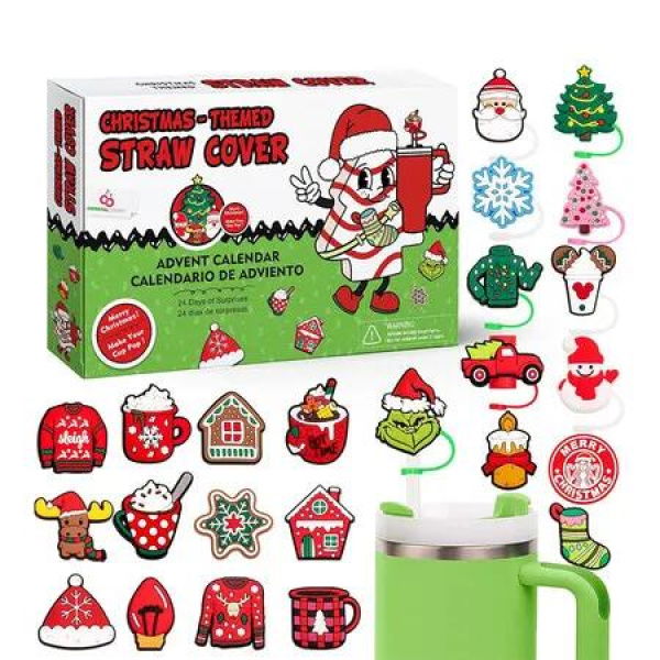 Advent Calendar, Christmas Countdown Calendars 24 Days of Surprises with 10mm Straw Toppers, Straw Cover Caps Funny Gifts for Cup 30Oz 40Oz Tumbler Kids Teens Boys Girls Men Women