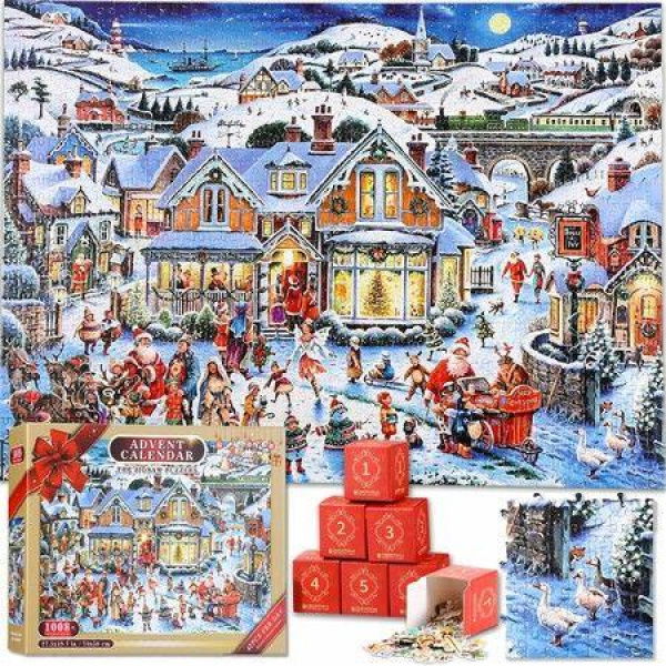 Advent Calendar Christmas Jigsaw Puzzles,24 Box 1008 Pieces Christmas Puzzle Countdown Calendar,Ideal Christmas Toys for Holiday Home Decor,Xmas Gifts for Kids Teens Adults